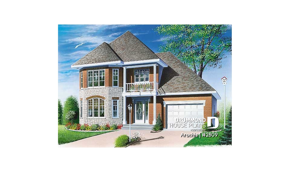 front - BASE MODEL - 2-storey house plan with 3 bedrooms and a garage, french door in living room - Arachis