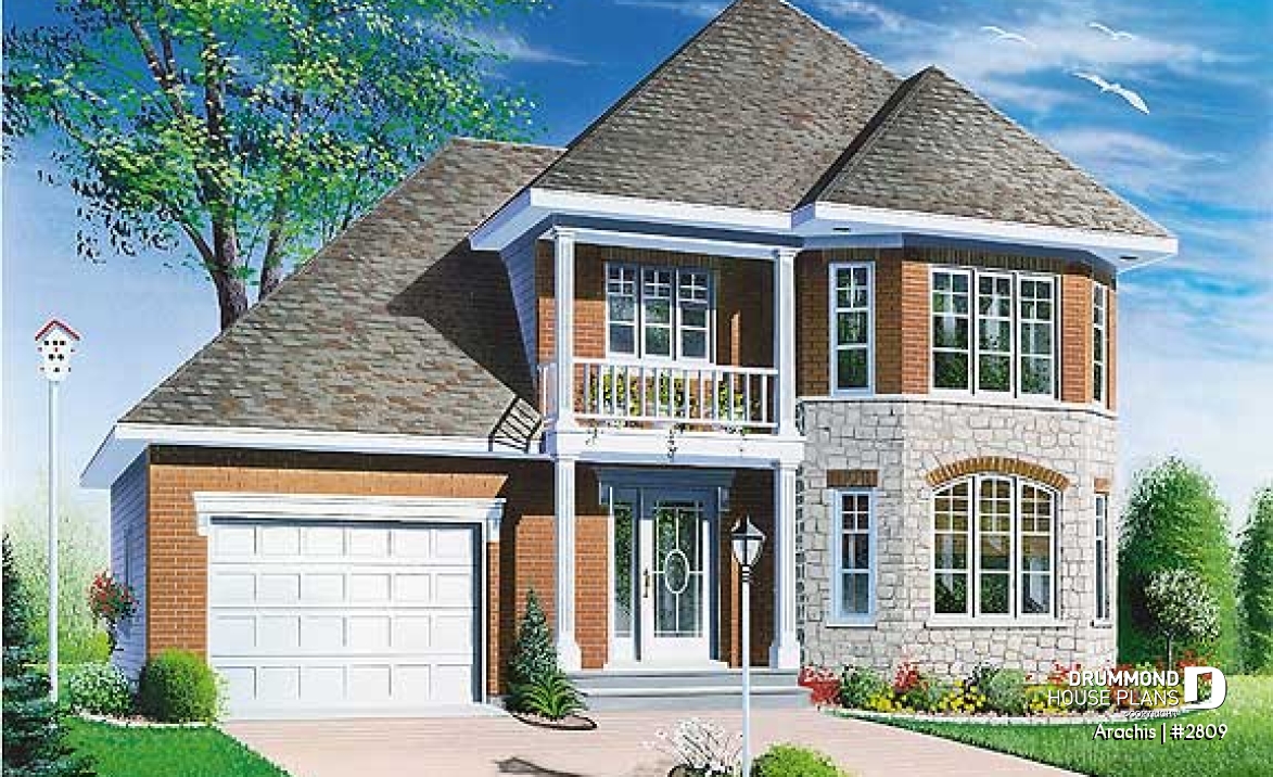 front - BASE MODEL - 2-storey house plan with 3 bedrooms and a garage, french door in living room - Arachis