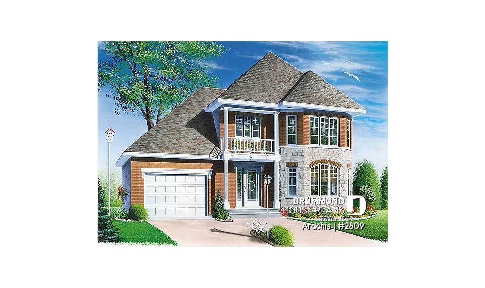 front - BASE MODEL - 2-storey house plan with 3 bedrooms and a garage, french door in living room - Arachis