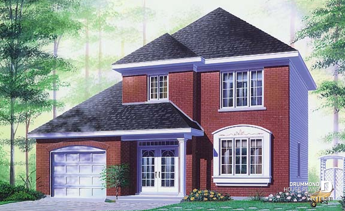 front - BASE MODEL - Two-storey European style affordable house plan, 3 bedrooms, 1.5 bathrooms, garage, open floor plan - Iseut
