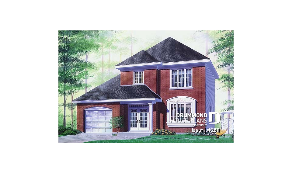 front - BASE MODEL - Two-storey European style affordable house plan, 3 bedrooms, 1.5 bathrooms, garage, open floor plan - Iseut