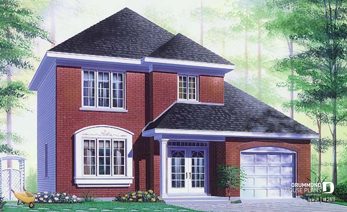 front - BASE MODEL - Two-storey European style affordable house plan, 3 bedrooms, 1.5 bathrooms, garage, open floor plan - Iseut
