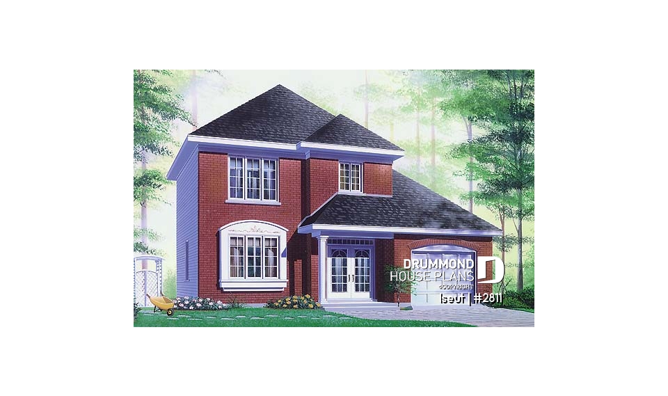 front - BASE MODEL - Two-storey European style affordable house plan, 3 bedrooms, 1.5 bathrooms, garage, open floor plan - Iseut