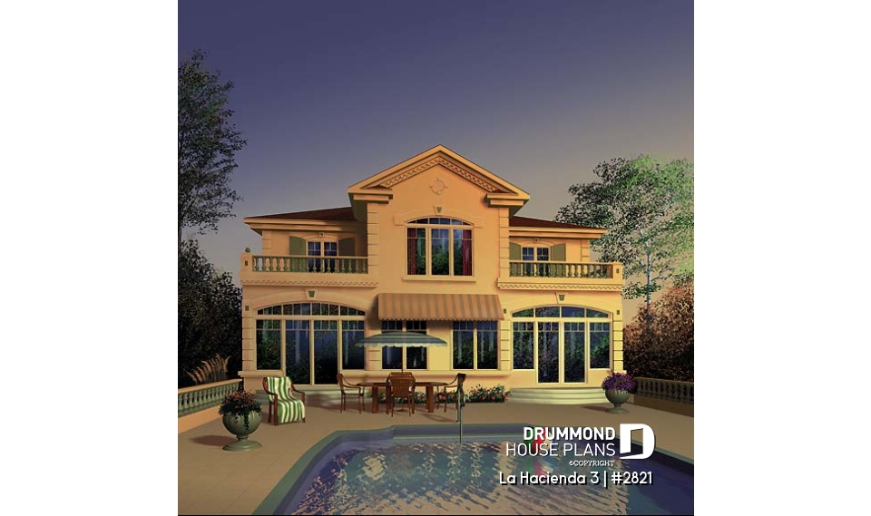 Rear view - BASE MODEL - Multigenerational house plan, one-bedroom apartment on main floor, two-story 3 bedroom for the family - La Hacienda 3