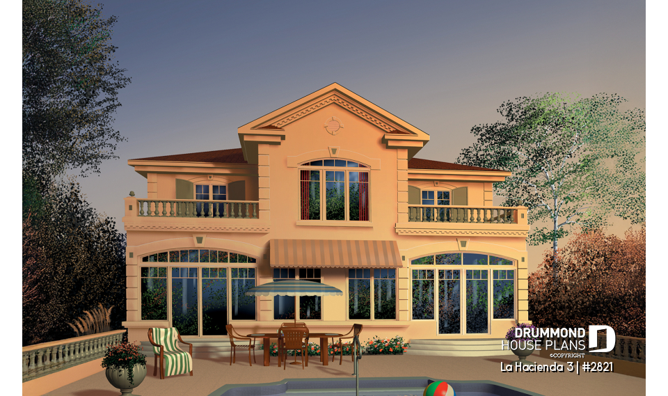Rear view - BASE MODEL - Multigenerational house plan, one-bedroom apartment on main floor, two-story 3 bedroom for the family - La Hacienda 3