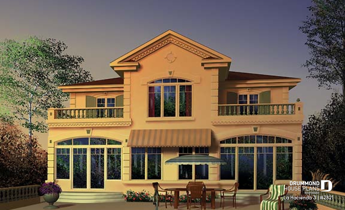 Rear view - BASE MODEL - Multigenerational house plan, one-bedroom apartment on main floor, two-story 3 bedroom for the family - La Hacienda 3