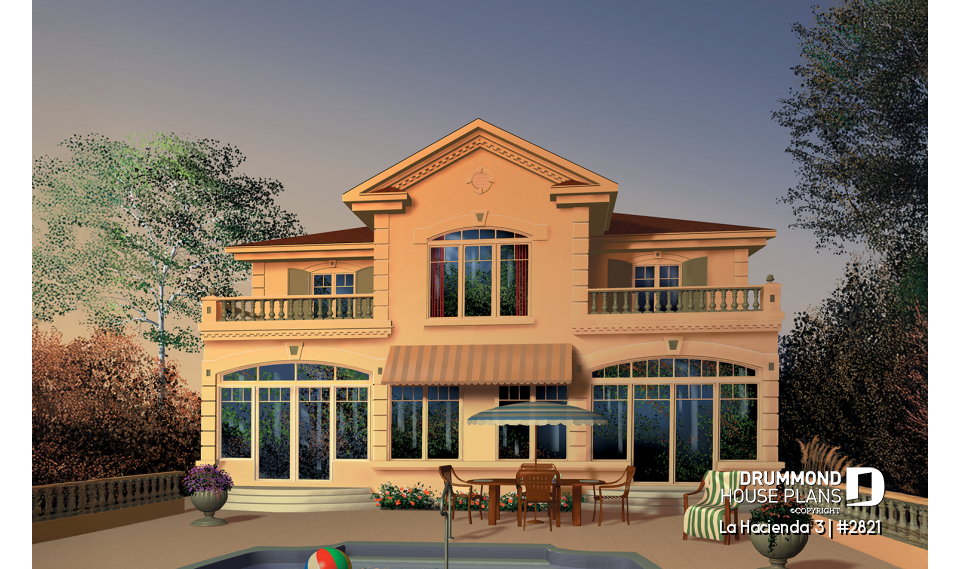 Rear view - BASE MODEL - Multigenerational house plan, one-bedroom apartment on main floor, two-story 3 bedroom for the family - La Hacienda 3
