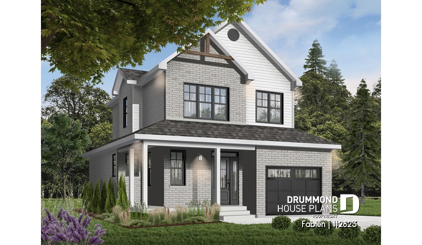 Color version 2 - Front - 3 bedroom economical 2-story house plan with garage, narrow lot, large kitchen, laundry on main floor - Fabien