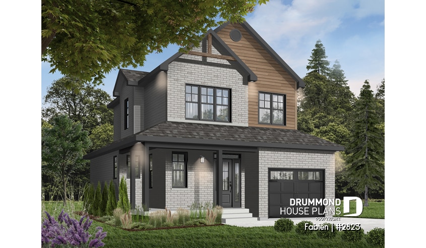 front - BASE MODEL - 3 bedroom economical 2-story house plan with garage, narrow lot, large kitchen, laundry on main floor - Fabien