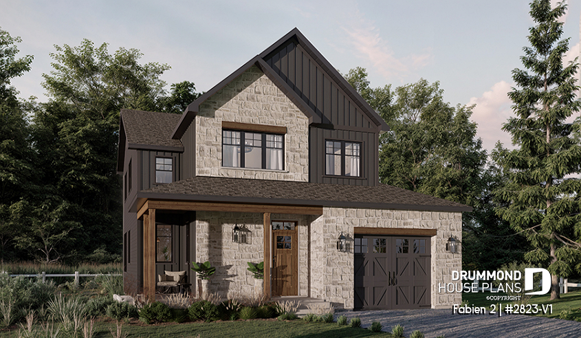 Color version 3 - Front - Small 2-Story Modern Craftsman with 3 bedrooms, 1.5 baths, open floor plan, kitchen with pantry - Fabien 2