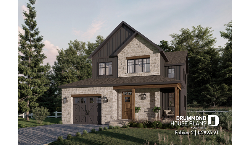 Color version 3 - Front - Small 2-Story Modern Craftsman with 3 bedrooms, 1.5 baths, open floor plan, kitchen with pantry - Fabien 2