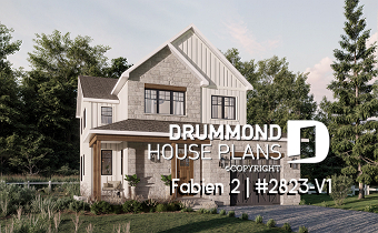 front - BASE MODEL - Small 2-Story Modern Craftsman with 3 bedrooms, 1.5 baths, open floor plan, kitchen with pantry - Fabien 2