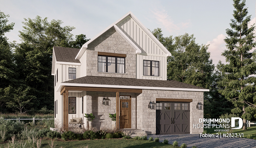 front - BASE MODEL - Small 2-Story Modern Craftsman with 3 bedrooms, 1.5 baths, open floor plan, kitchen with pantry - Fabien 2