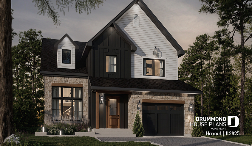 front - BASE MODEL - 2 storey house plan with cathedral ceiling in living room - Hanout
