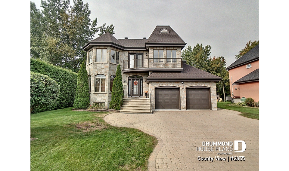 front - BASE MODEL - European style home plan with 3 to 4 bedrooms, formal living / dining, family room - County View