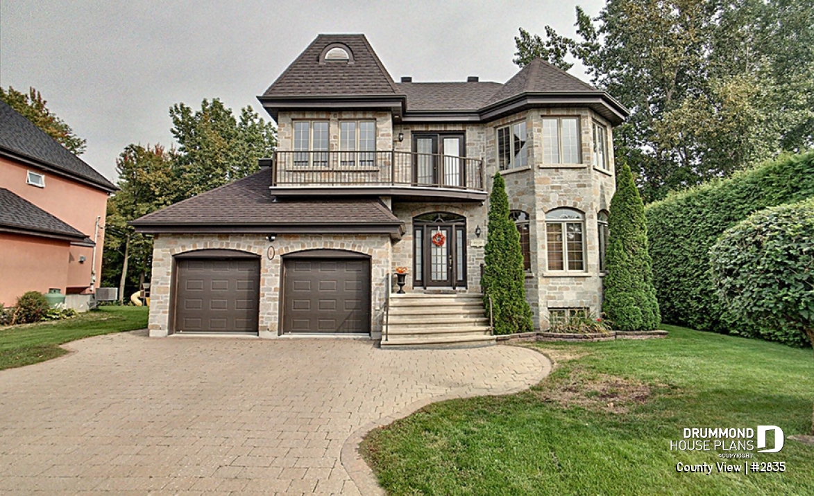 front - BASE MODEL - European style home plan with 3 to 4 bedrooms, formal living / dining, family room - County View