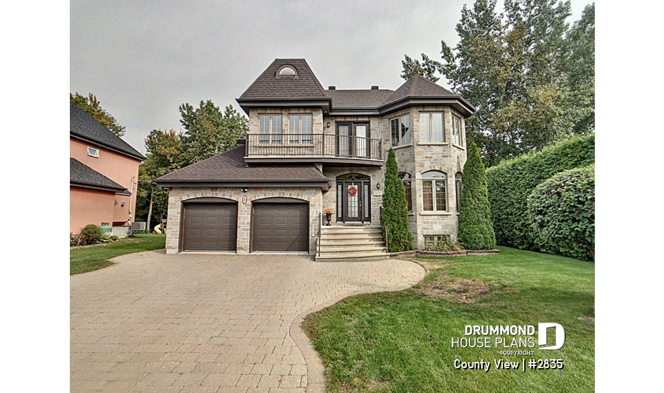 front - BASE MODEL - European style home plan with 3 to 4 bedrooms, formal living / dining, family room - County View