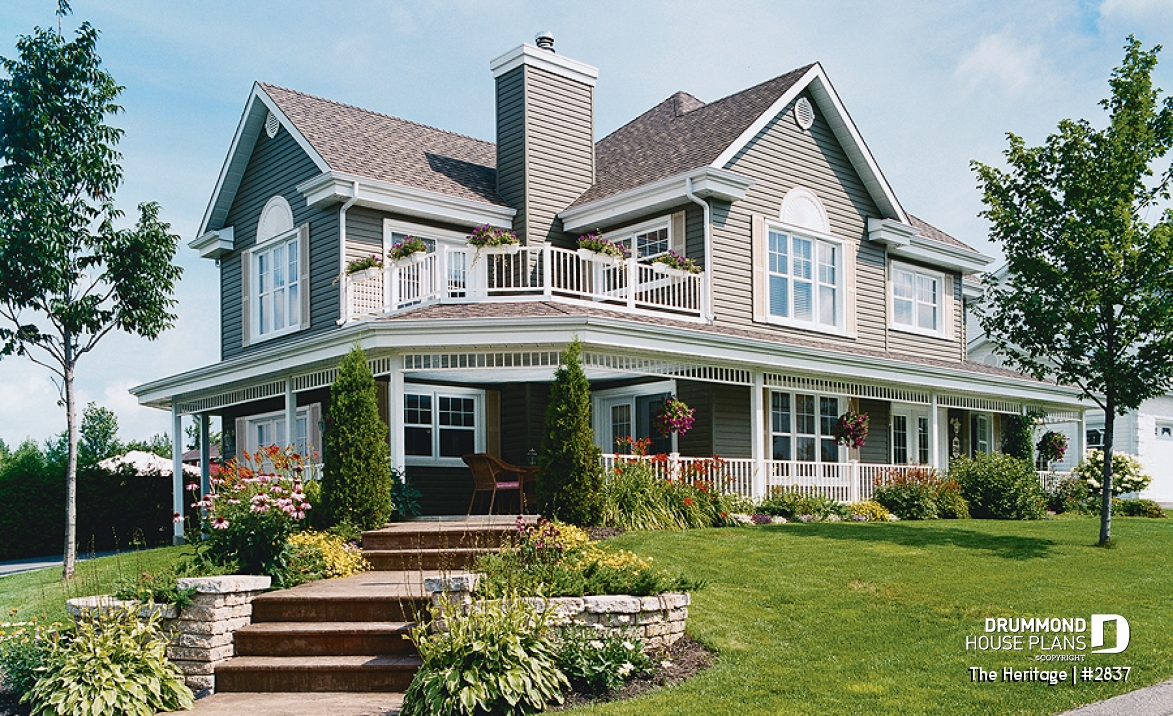 front - BASE MODEL - Lakefront beautiful country house plan, 3 to bedrooms, master suite with fireplace &amp; terrace, wraparound porch - The Heritage