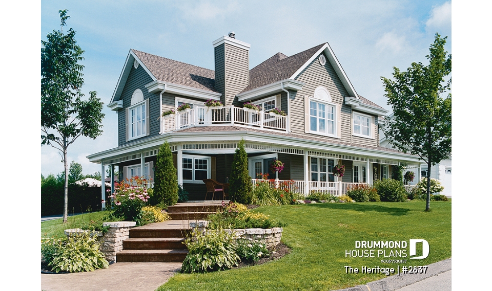 front - BASE MODEL - Lakefront beautiful country house plan, 3 to bedrooms, master suite with fireplace &amp; terrace, wraparound porch - The Heritage