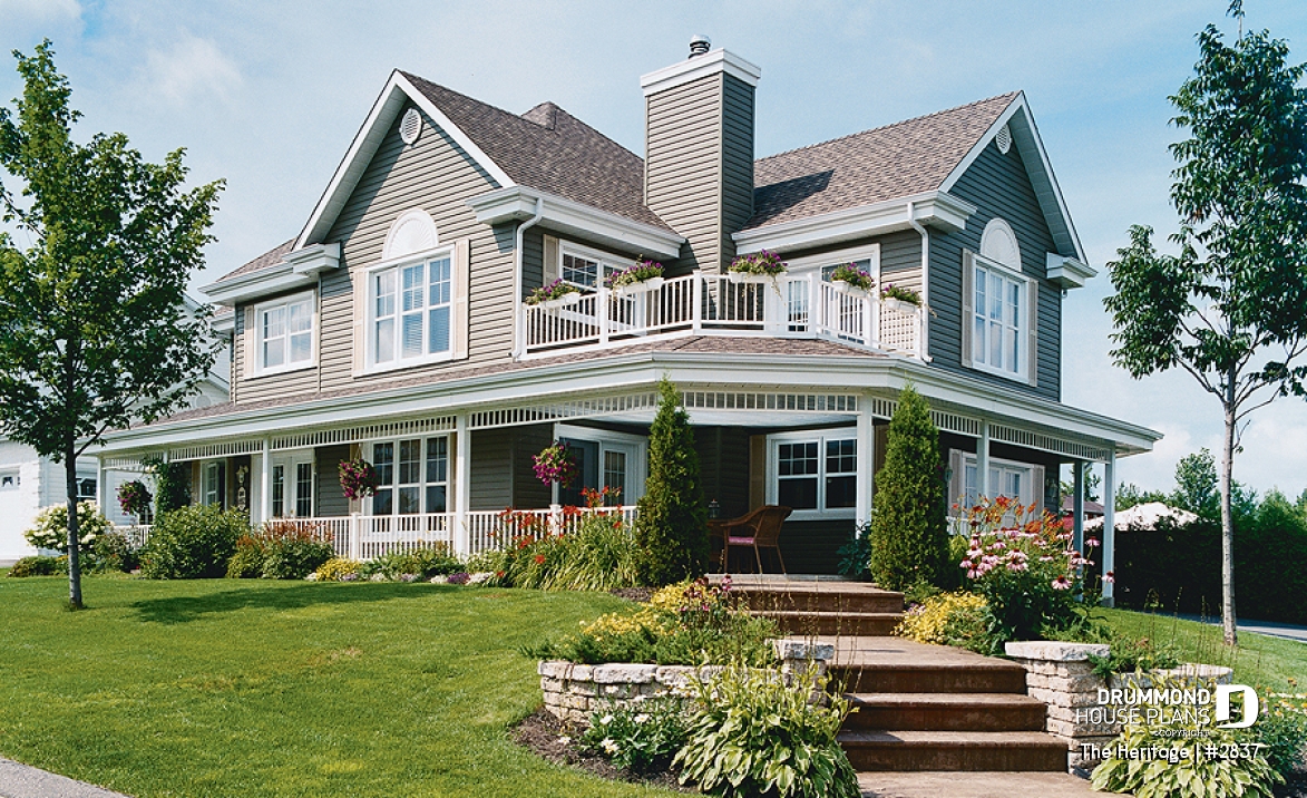 front - BASE MODEL - Lakefront beautiful country house plan, 3 to bedrooms, master suite with fireplace &amp; terrace, wraparound porch - The Heritage