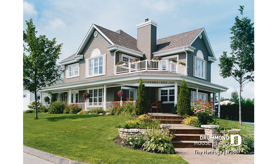 front - BASE MODEL - Lakefront beautiful country house plan, 3 to bedrooms, master suite with fireplace &amp; terrace, wraparound porch - The Heritage