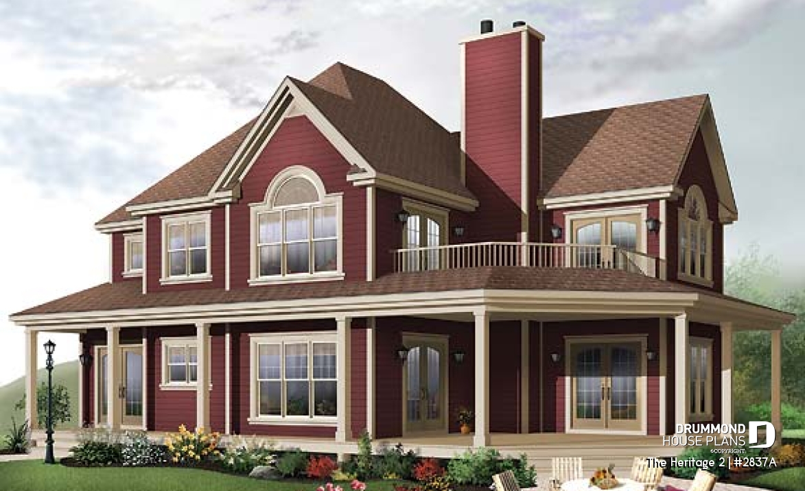 front - BASE MODEL - Lakefront country cottage home plan with wraparound covered porch, 3 to 4 bedrooms, lateral 2-car garage - The Heritage 2
