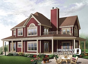 front - BASE MODEL - Lakefront country cottage home plan with wraparound covered porch, 3 to 4 bedrooms, lateral 2-car garage - The Heritage 2