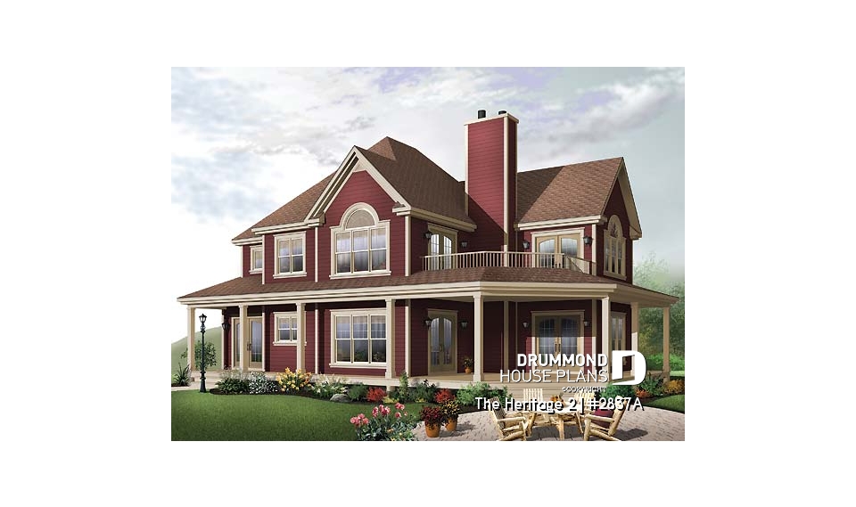 front - BASE MODEL - Lakefront country cottage home plan with wraparound covered porch, 3 to 4 bedrooms, lateral 2-car garage - The Heritage 2