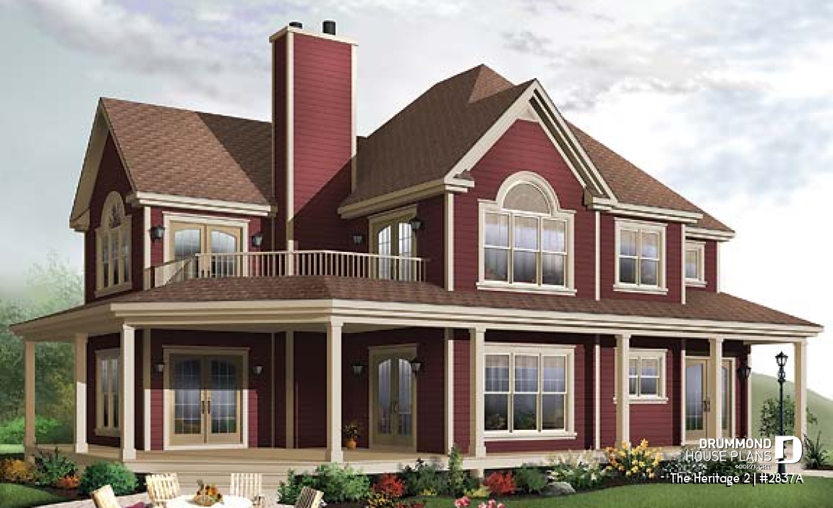 front - BASE MODEL - Lakefront country cottage home plan with wraparound covered porch, 3 to 4 bedrooms, lateral 2-car garage - The Heritage 2