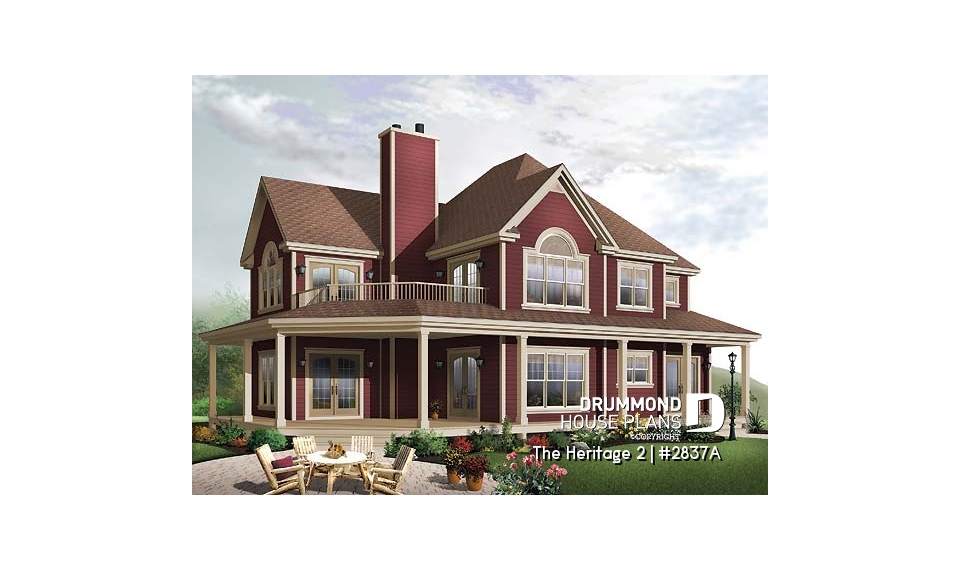 front - BASE MODEL - Lakefront country cottage home plan with wraparound covered porch, 3 to 4 bedrooms, lateral 2-car garage - The Heritage 2
