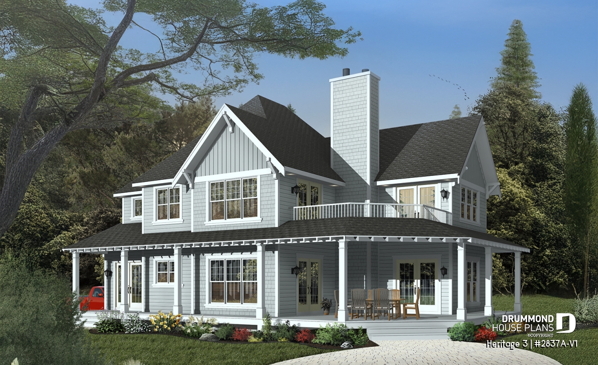 front - BASE MODEL - Country Cottage home plan, wraparound porch, 3 to 4 bedrooms, large master suite, lakefront home - Heritage 3