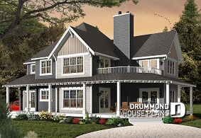 front - BASE MODEL - Country Cottage home plan, wraparound porch, 3 to 4 bedrooms, large master suite, lakefront home - Heritage 3