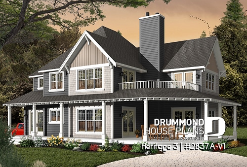 front - BASE MODEL - Country Cottage home plan, wraparound porch, 3 to 4 bedrooms, large master suite, lakefront home - Heritage 3