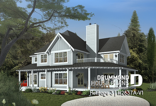 front - BASE MODEL - Country Cottage home plan, wraparound porch, 3 to 4 bedrooms, large master suite, lakefront home - Heritage 3