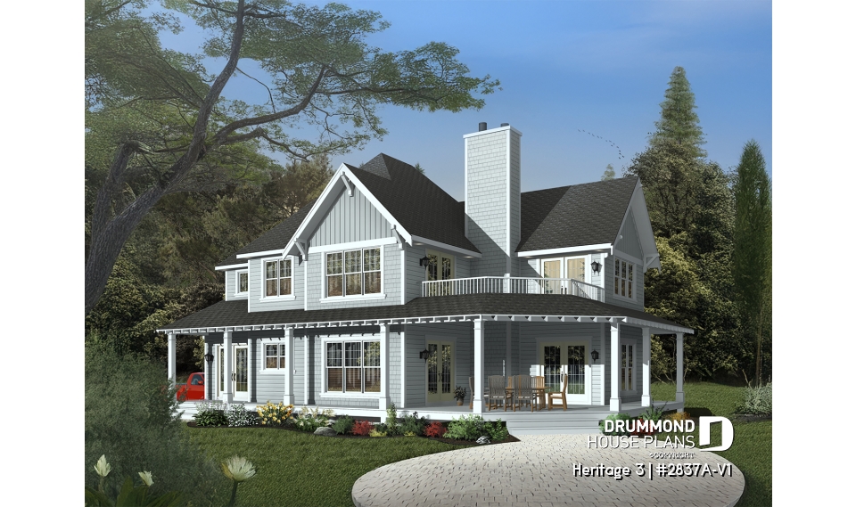 front - BASE MODEL - Country Cottage home plan, wraparound porch, 3 to 4 bedrooms, large master suite, lakefront home - Heritage 3