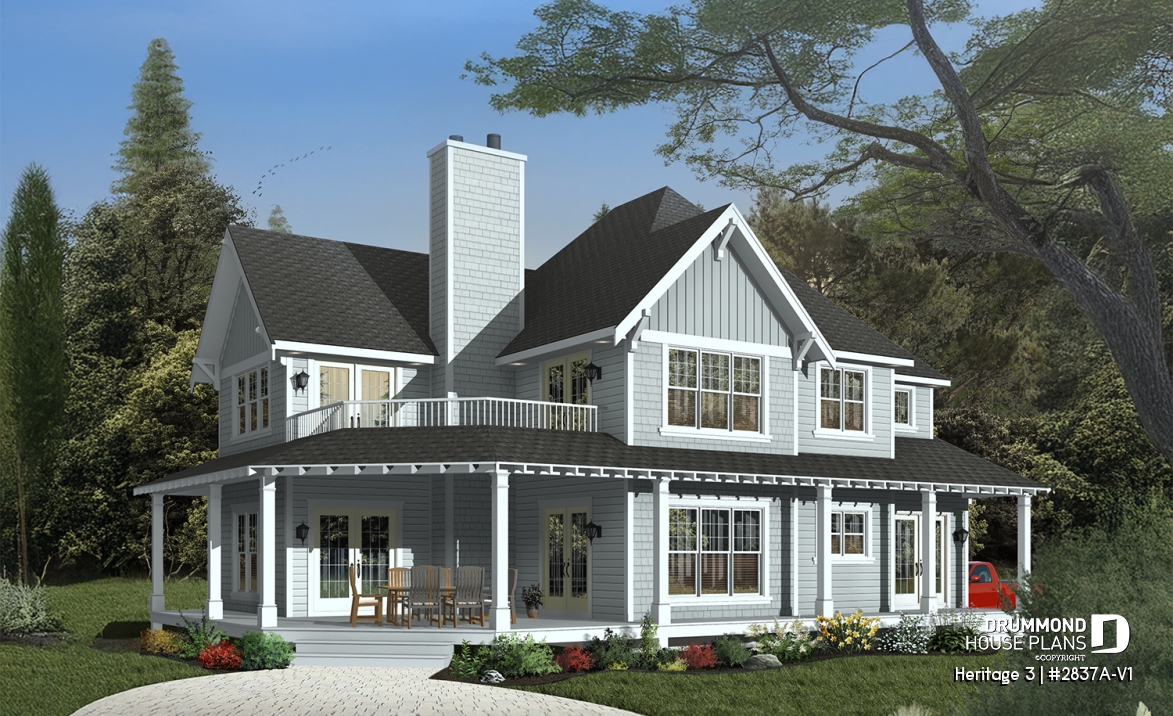 front - BASE MODEL - Country Cottage home plan, wraparound porch, 3 to 4 bedrooms, large master suite, lakefront home - Heritage 3