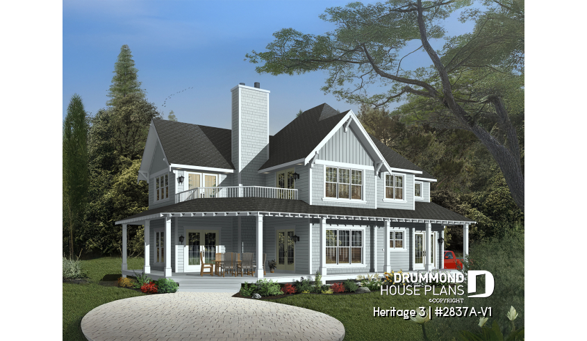front - BASE MODEL - Country Cottage home plan, wraparound porch, 3 to 4 bedrooms, large master suite, lakefront home - Heritage 3