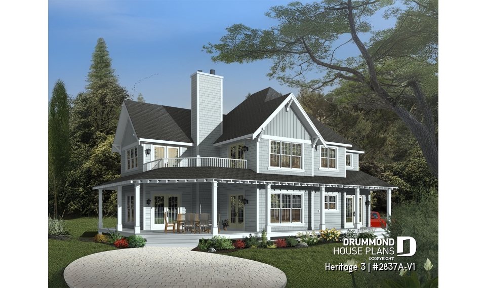 front - BASE MODEL - Country Cottage home plan, wraparound porch, 3 to 4 bedrooms, large master suite, lakefront home - Heritage 3