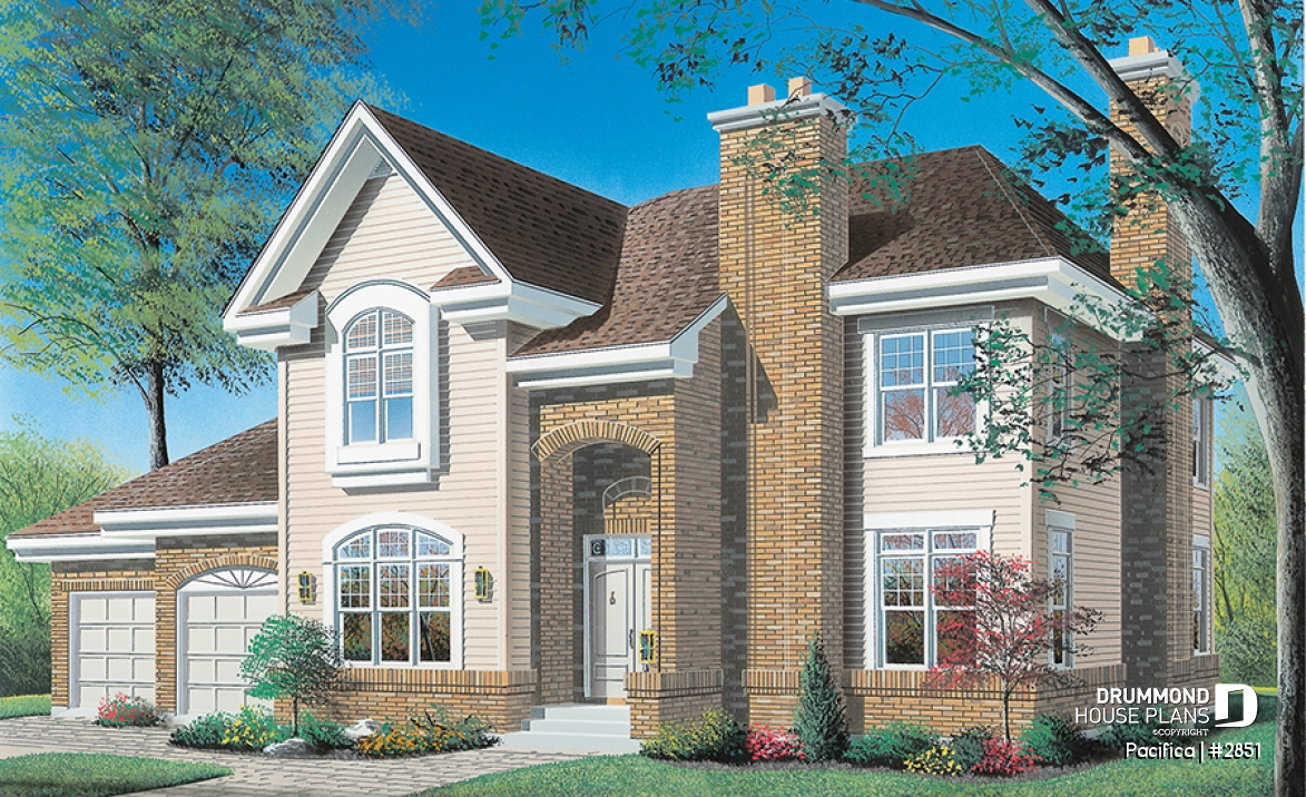front - BASE MODEL - Large 4 bedroom house plans with indoor pool, 2-car garage with bonus space above, fireplaces, pantry - Pacifica