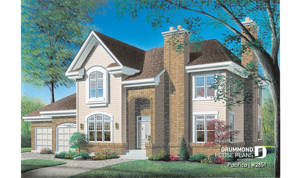 front - BASE MODEL - Large 4 bedroom house plans with indoor pool, 2-car garage with bonus space above, fireplaces, pantry - Pacifica