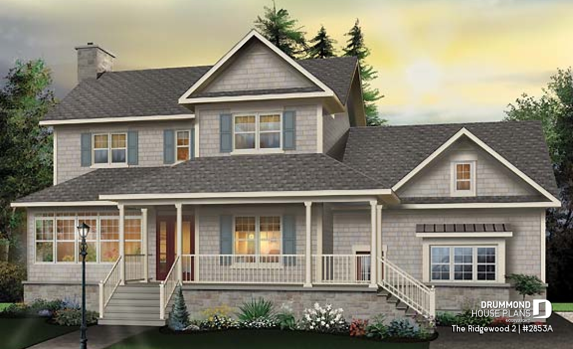front - BASE MODEL - 2 storey Farmhouse house plan, sunroom, 2-car garage, 3 to 4 beds, home office, large bonus space - The Ridgewood 2