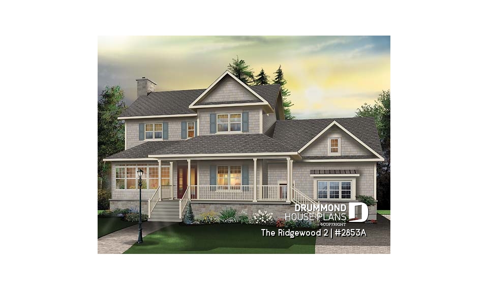 front - BASE MODEL - 2 storey Farmhouse house plan, sunroom, 2-car garage, 3 to 4 beds, home office, large bonus space - The Ridgewood 2
