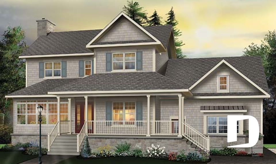 front - BASE MODEL - 2 storey Farmhouse house plan, sunroom, 2-car garage, 3 to 4 beds, home office, large bonus space - The Ridgewood 2