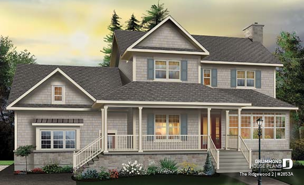 front - BASE MODEL - 2 storey Farmhouse house plan, sunroom, 2-car garage, 3 to 4 beds, home office, large bonus space - The Ridgewood 2