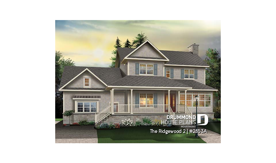 front - BASE MODEL - 2 storey Farmhouse house plan, sunroom, 2-car garage, 3 to 4 beds, home office, large bonus space - The Ridgewood 2
