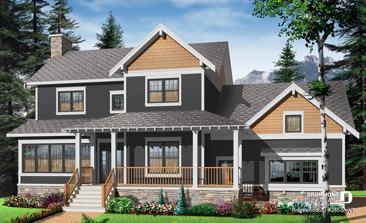 Color version 6 - Front - Craftsman house plan, 3 to 4 bedrooms, home office, solarium, side entry 2-car garage, fireplace - Ridgewood 3