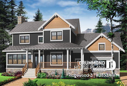 Color version 6 - Front - Craftsman house plan, 3 to 4 bedrooms, home office, solarium, side entry 2-car garage, fireplace - Ridgewood 3