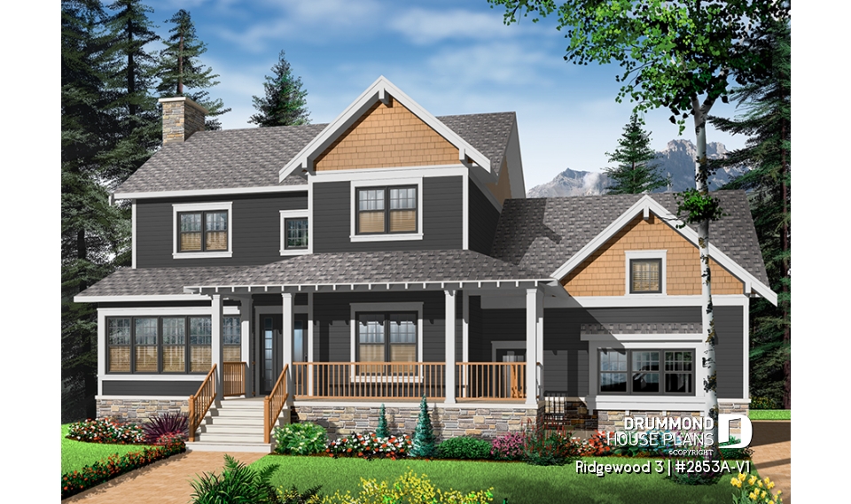 Color version 6 - Front - Craftsman house plan, 3 to 4 bedrooms, home office, solarium, side entry 2-car garage, fireplace - Ridgewood 3