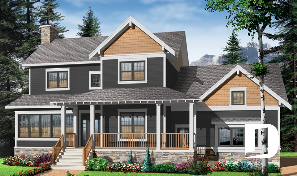 Color version 6 - Front - Craftsman house plan, 3 to 4 bedrooms, home office, solarium, side entry 2-car garage, fireplace - Ridgewood 3