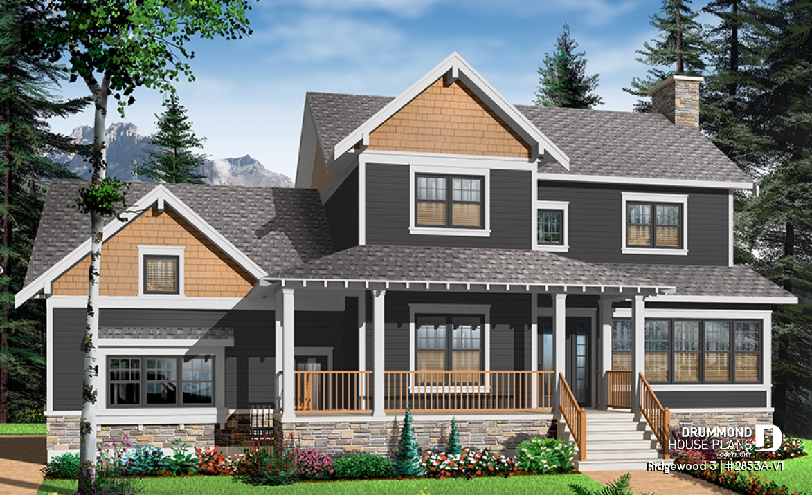 Color version 6 - Front - Craftsman house plan, 3 to 4 bedrooms, home office, solarium, side entry 2-car garage, fireplace - Ridgewood 3